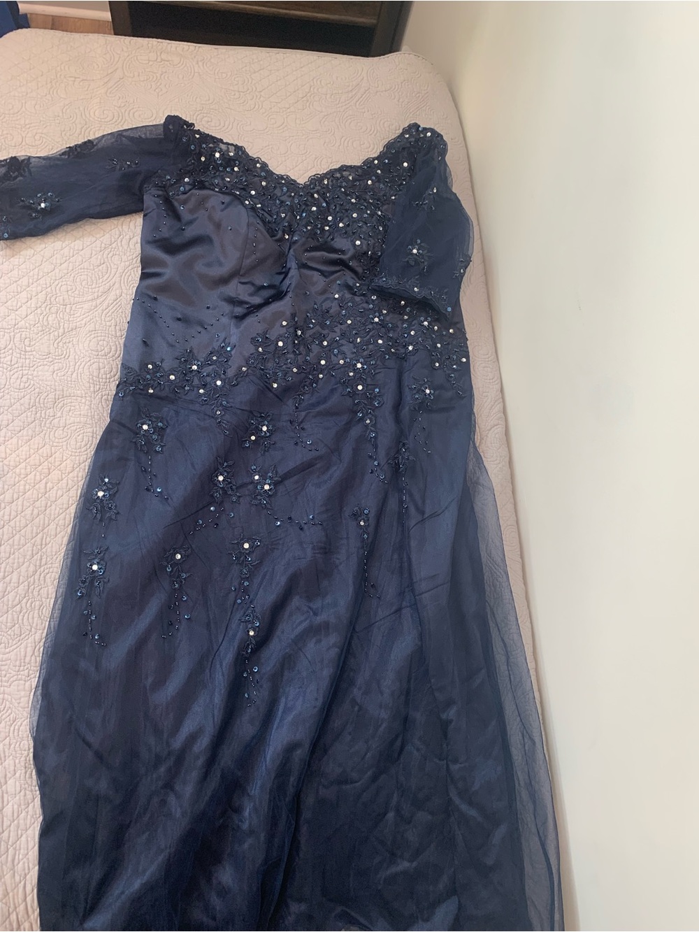 JJs House Navy Long Sleeve Beaded Evening Gown